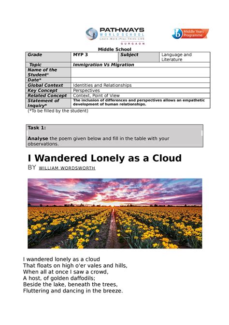 I Wandered as Lonely as Cloud - Middle School Grade MYP 3 Subject ...