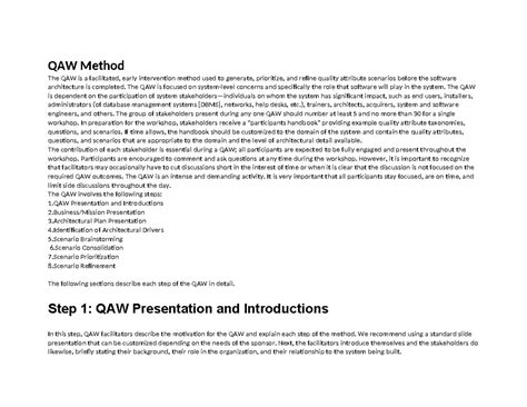 QAW Method: A Guide to Quality Attribute Workshops - Studocu