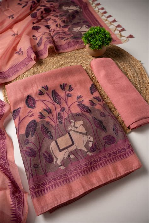 Celestial Cotton Pink Jamdani Muga Cotton Unstitched Suit Set – Gajarai
