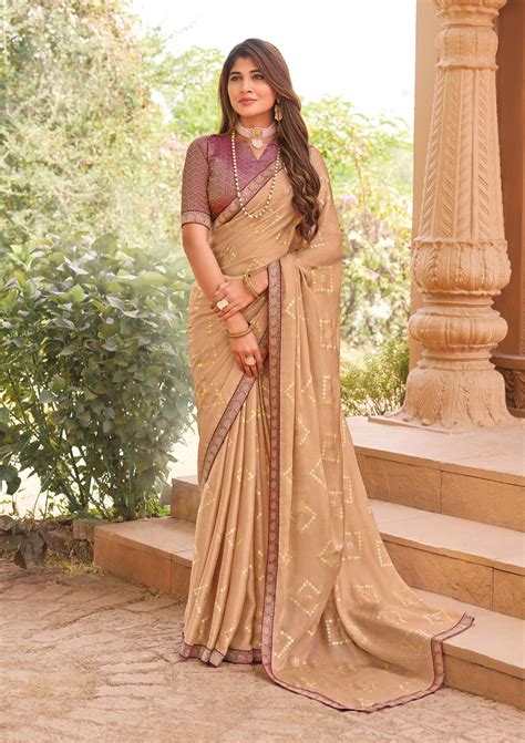 Laxmipati Madhubala Geometric Foil Printed Satin Silk Saree in Brown C