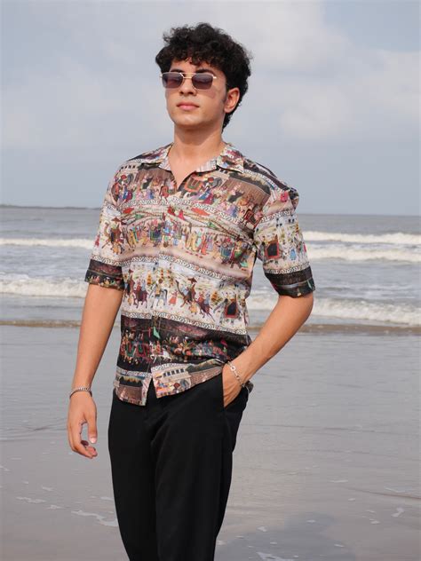 Black Linen Cuban Collar Fusion Printed Oversize Shirt | Firangi Yarn