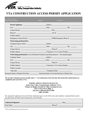 Fillable Online vta VTA CONSTRUCTION ACCESS PERMIT APPLICATION - vta ...