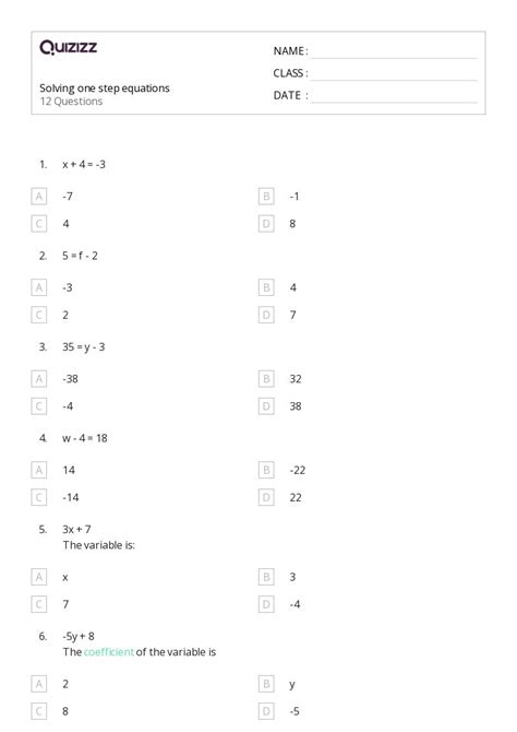 Printable One-Step Equations Worksheets for Class 8 | Quizizz