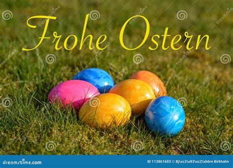 Happy Easter in German with Several Colorful Easter Eggs Lying O Stock ...