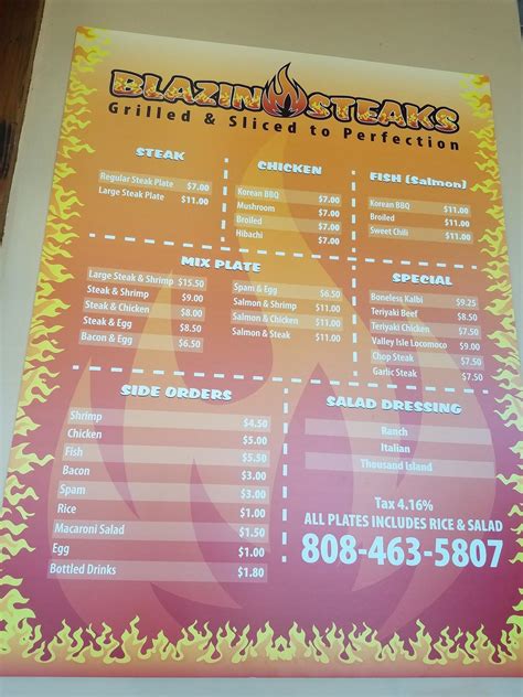 Menu at Blazin Steaks Maui steakhouse, Wailuku