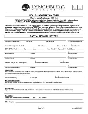 Lynchburg College Health Information Form - Blank Fillable Template ...