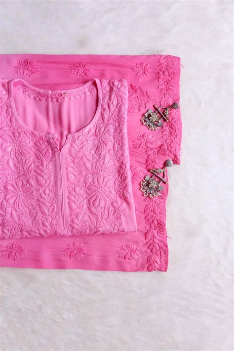 Buy Farhaa Baby Pink 2 piece Rayon set online from Alia Chikankari