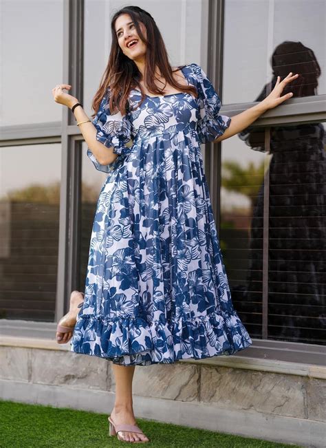 Navy Blue Georgette Western Dress – Indian Rani