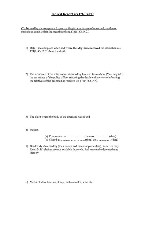 Inquest report - Crpc - Inquest Report u/s 176 Cr (To be used by the ...
