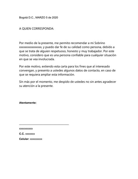 Carta De Referencia Personal Word Para Editar