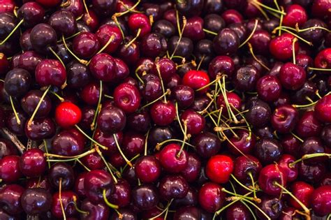 Full frame of red fresh cherries | Premium Photo