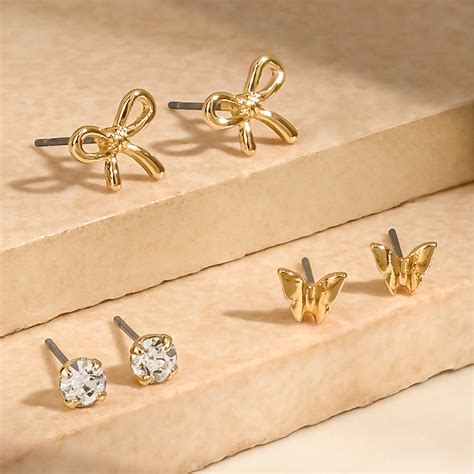 Gold Butterfly Bow Stud Earrings Set Of 3 - Accessorize India