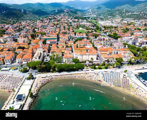 Aerial view of the village of Diano Marina on the Italian Riviera in the province of Imperia ...