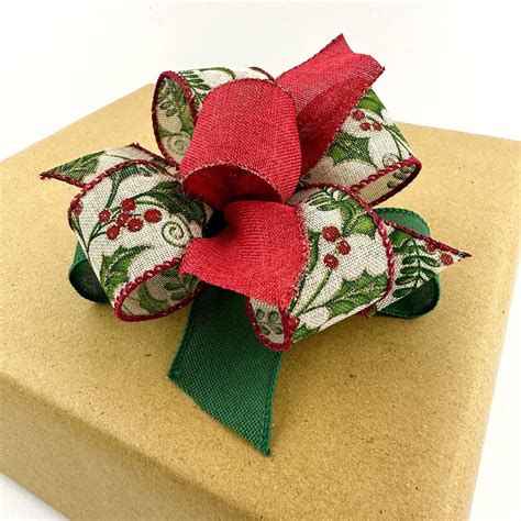 Small Rustic Christmas Gift Bow Featuring Holly Ribbon • 6 or 8 Inch ...