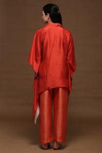 Buy Red Dupion Silk Abstract Collared Neck Printed Kaftan Kurta And ...