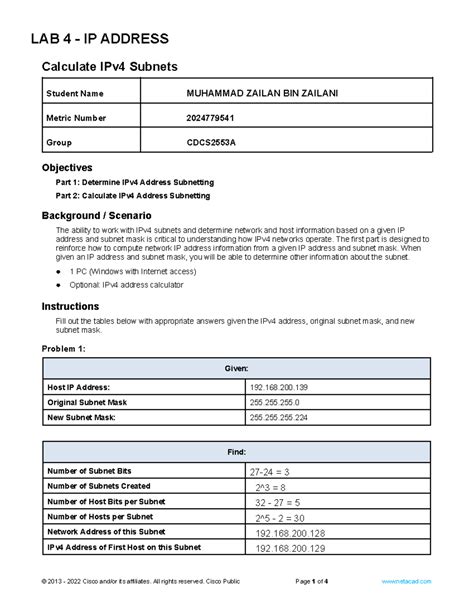 Lab Calculate IPv4 Subnets 的图像结果