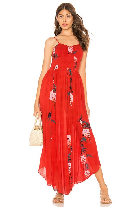 Free People Beau Smocked Printed Slip Dress in Red | REVOLVE