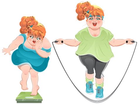 Fat woman with horror looks at the scales, and then jumps on a skipping ...