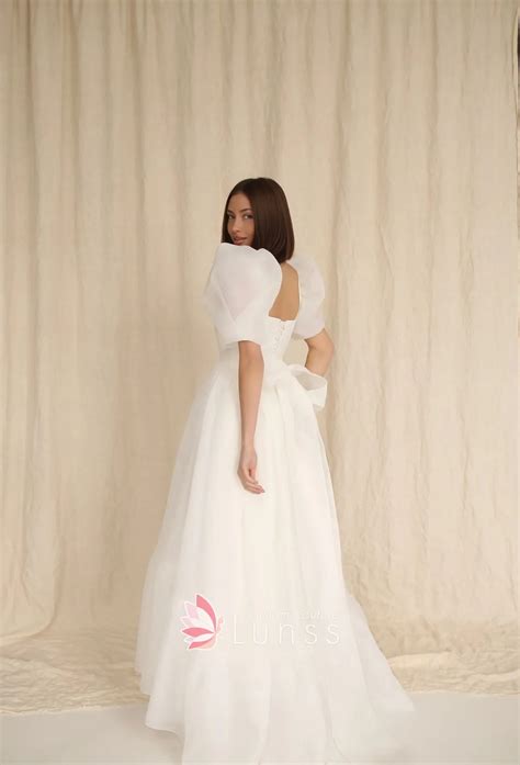 Lovely Puff Sleeve Organza Long Bridal Engagement Dress - Lunss