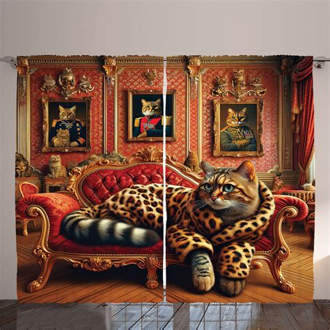 Ambesonne Curtains 2 Panel Set, Royal Kitty in Leopard Coat, Marigold Salmon | Wayfair
