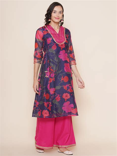 Shop Bhama Couture Blue Pink Floral Print A-Line Yoke Embroidered Kurta ...