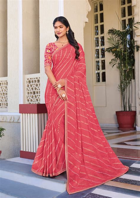 Peach Striped Chiffon Saree – Soft, Flowing & Trendy Look- Rang Pancha ...