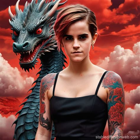 Emma Watson with Intricate Tattoos and Dragon | Stable Diffusion Online