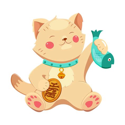 Good luck Maneki-neko cat with fish in its paw and bell around its neck. 11875935 Vector Art at ...