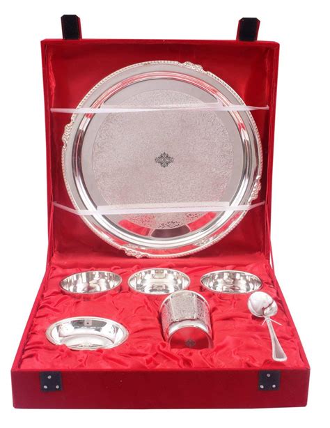 INDIAN ART VILLA Embossed Design Silver Plated 7 Pieces Dinner Set with ...