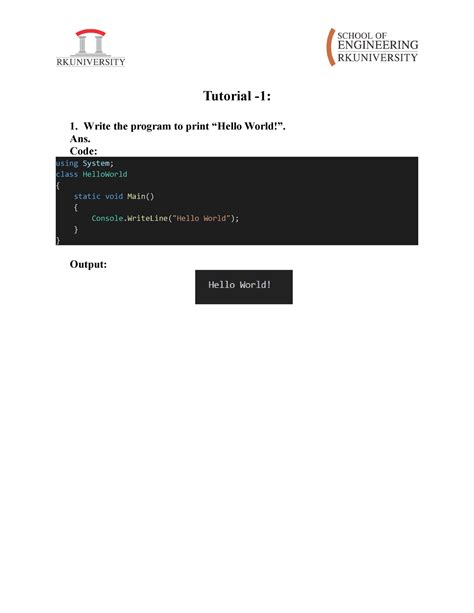 Tutorial 1 - enjoy - Tutorial -1: 1. Write the program to print “Hello ...