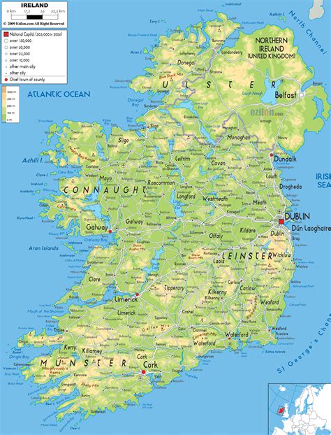 Large detailed physical map of Ireland with all cities, roads and ...