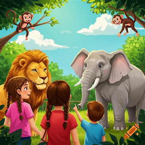 Cartoon illustration of children watching a lion, elephant, and monkeys ...