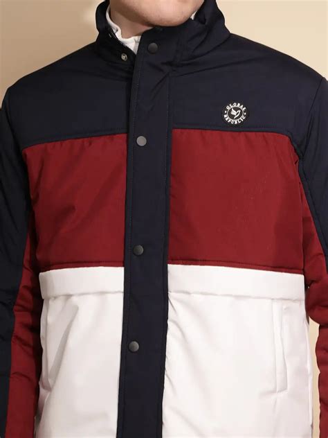 Men Navy and White Color Block Full Sleeve Turtle Neck Polycotton Jack