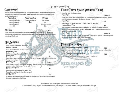 Menu at Fluid State Beer Garden pub & bar, Ventura