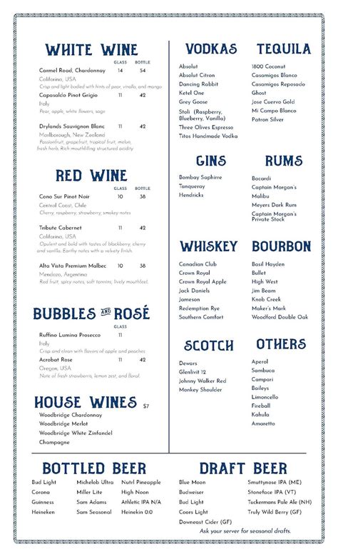 Menu at Back Bay Boathouse restaurant, Wolfeboro