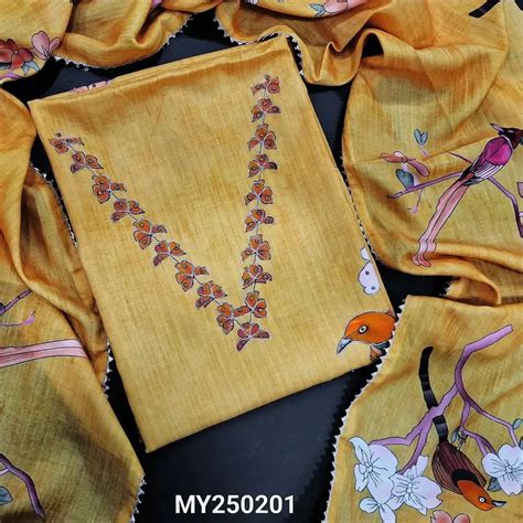 Mehndi Yellow Printed Spun Silk Cotton Salwar Material -Neidhal