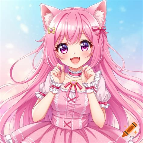 Anime girl with pink hair, cat ears, and pink frilly dress. on Craiyon
