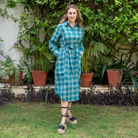 Buy Bottle Green Checks Cotton Midi Shirt Dress Online at SeamsFriendly ...