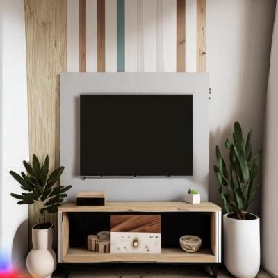 Contemporary TV Unit Design With Fluted Wooden And Marble Panels