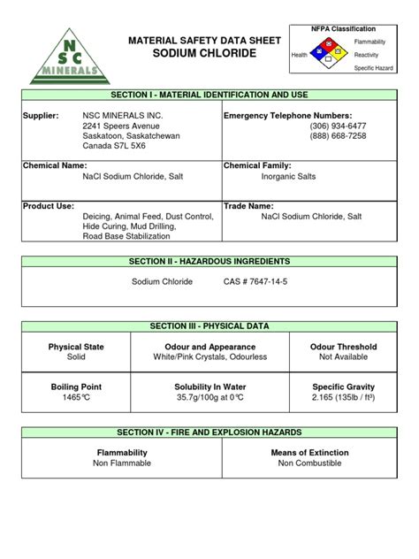 01 - MSDS Sodium Chloride 10 | PDF | Sodium Chloride | Materials