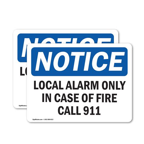 (2 Pack) Local Alarm Only In Case Of Fire Call 911 OSHA Notice Sign ...