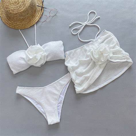 Hollow Three Dimensional Flower Suspender Three Piece Bikini Set White ...