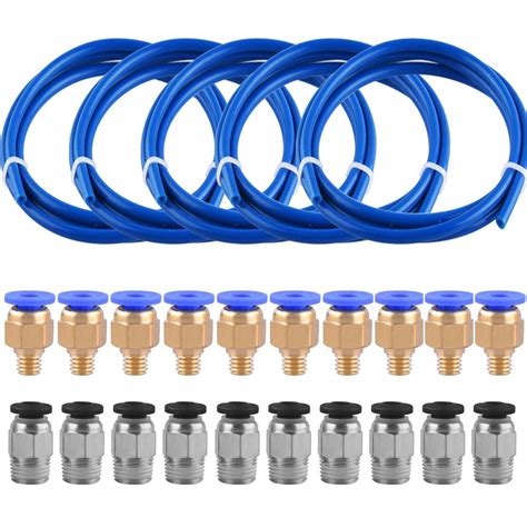 SIQUK 5x1M Blue PTFE Tube (2.0mm ID/4.0mm OD) with 10x PC4-M6 & 10x PC4 ...