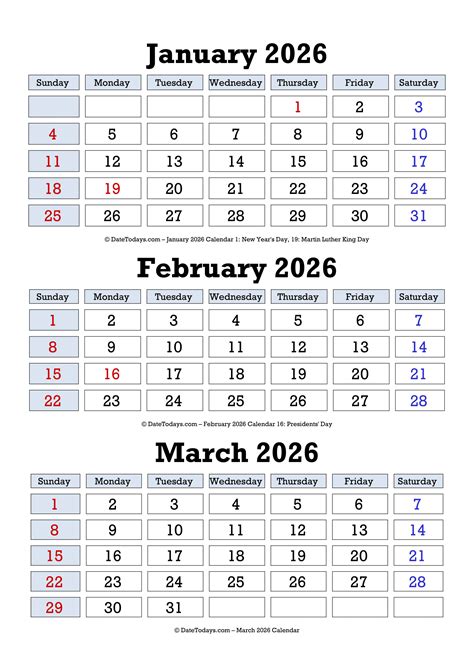 February March April 2026 Calendar Printable