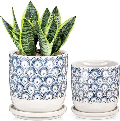 Hollyone 2PCS Ceramic Plant Pots 13CM 15CM, Indoor Round Garden ...