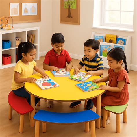 Preschool Table : Brilla Wooden Round Activity Table with 4 benches ...