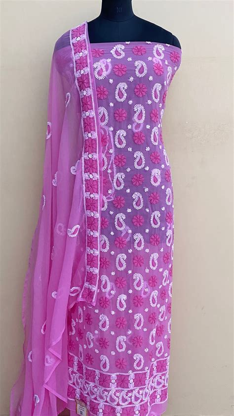 Lucknowi ChikanKari Suit Length 3 Piece Pink Georgette With Jaali Work ...