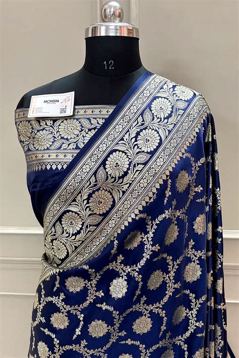 Navy Blue Murmuri Jaal Katan Silk Banarasi Saree – Mohsin Textiles