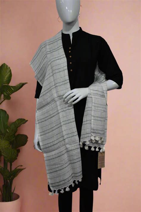 Avani | Pure Linen Stole | Icy white with Indigo stripes