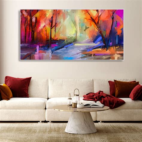 Colorful Autumn Trees Semi Abstract Forest with Lake Canvas Wall Paint